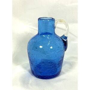 Vintage Cobalt Blue Crackle Glass Mini Pitcher Jug Hand Blown Art Glass